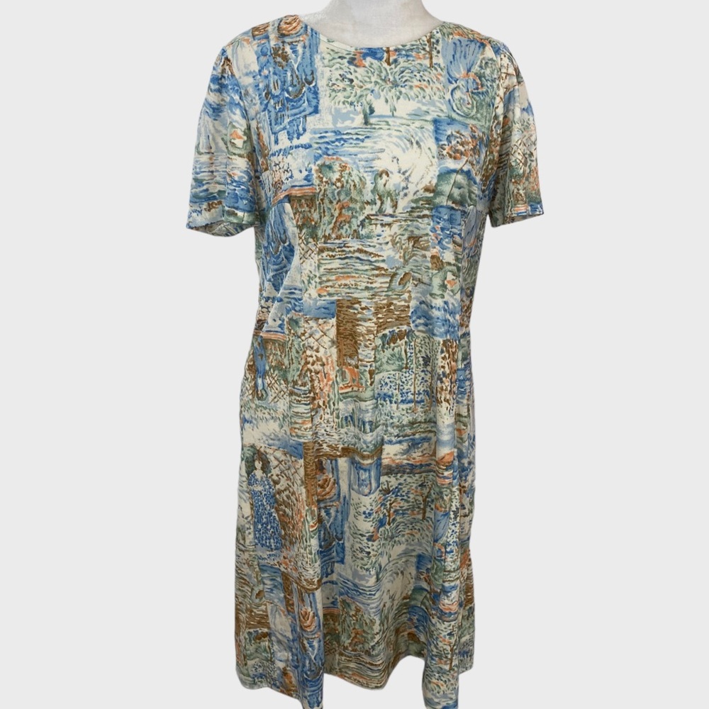 Vintage 70s Abstract Painted Women Retro Shift Dress